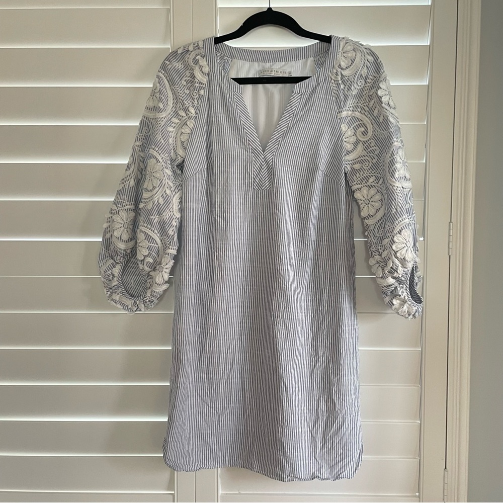 Alice & Trixie Lace Appliqué Bubble Sleeve Pin Striped Shift Dress White